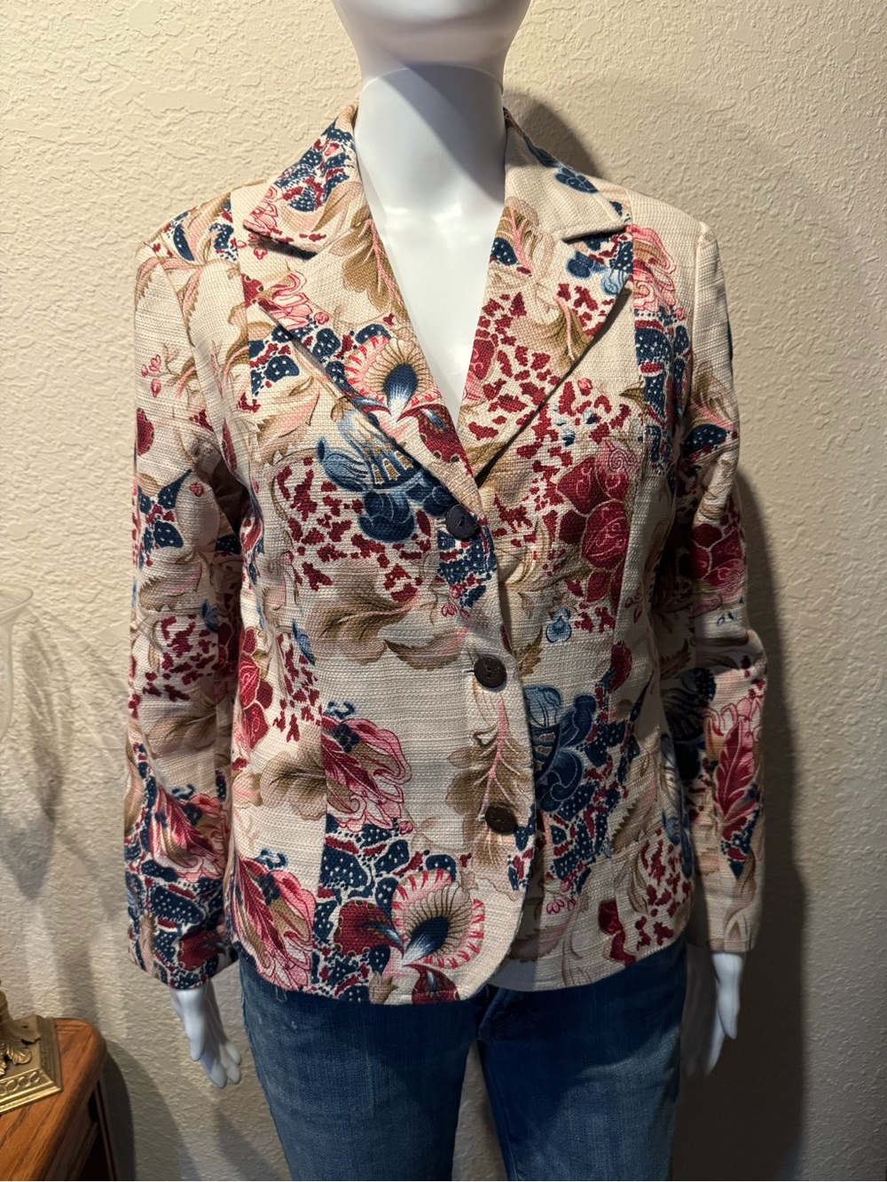 Vintage Coldwater Creek Cream Floral Blazer with Blue & Pink Accents